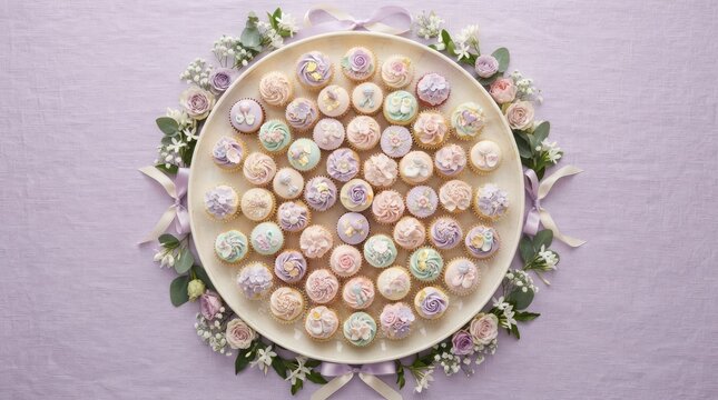 Top view of many small colorful cupcakes arranged in a circle on a large white serving plate for a party or celebration
