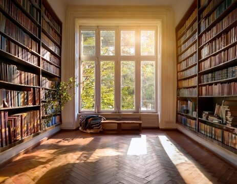 sunlit cozy elegant home library window books empty room zoom virtual backgrounds cozy interior backdrops living room backgrounds for virtual meetings stock image