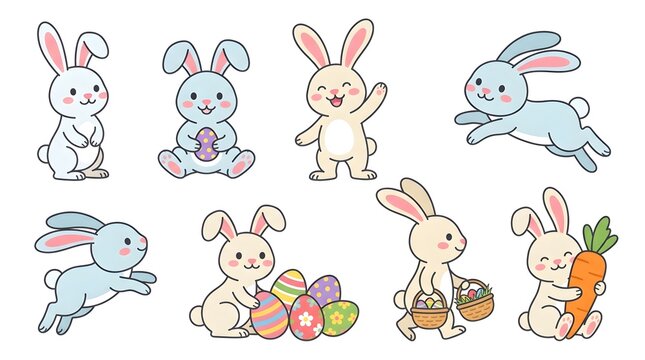 Cute Easter Bunny Characters with Colorful Eggs and Carrots