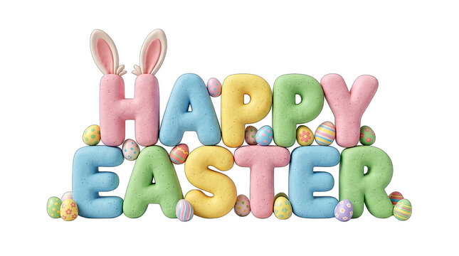 Colorful 3d happy easter text with bunny ears and decorated eggs isolated on transparent background