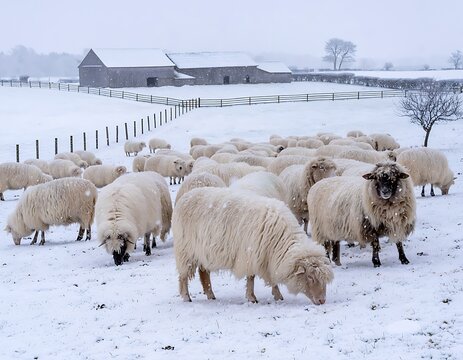 Sheep grazing in winter snow near rural barn.