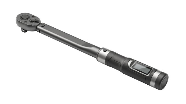 Digital torque wrench with LCD display, professional electronic ratchet tool for automotive repair, precision mechanical torque instrument isolated PNG with Transparent Background