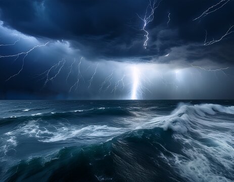 dark ominous clouds gather over a churning deep blue ocean as powerful lightning strikes illuminate the turbulent surface of the water swell heavy weather