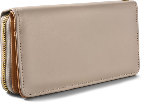 beige leather wallet isolated white background, elegant women fashion accessory with gold zipper, side view mock-up template