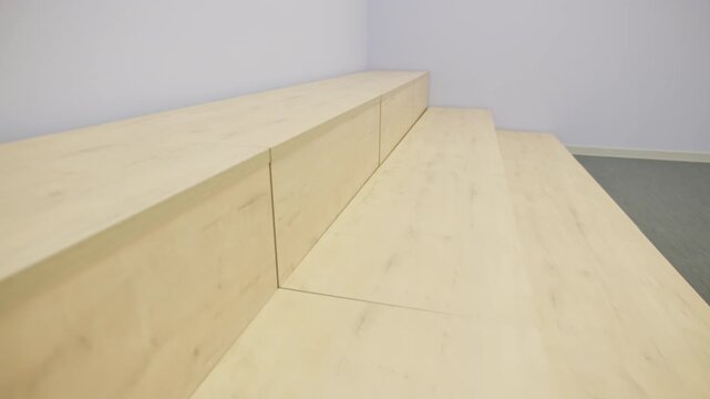 Wooden seating steps offer versatile amphitheater-style seating. Light wood finish creates minimalist look for public presentation room
