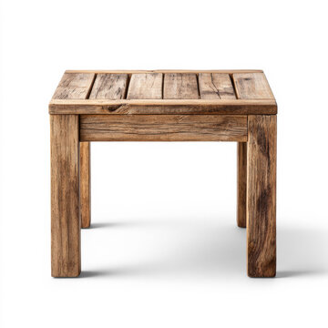Rustic reclaimed wood side table with plank top and thick legs isolated on transparent background