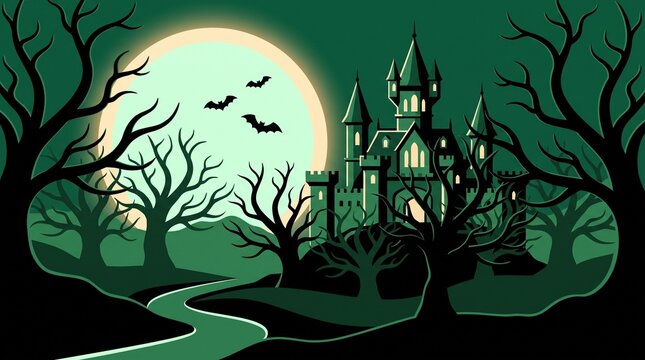 Halloween background with spooky haunted castle, glowing full moon, flying bats, and silhouette bare trees in dark forest vector illustration