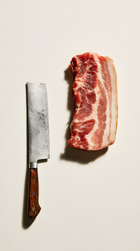 Raw Pork Belly Slab with Meat Cleaver on White Background
