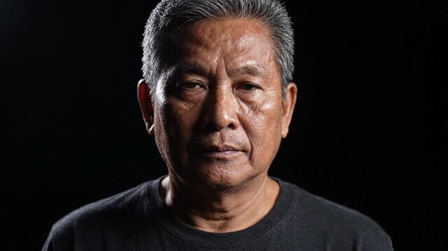 Senior Asian Man Opening Eyes Against Black Background