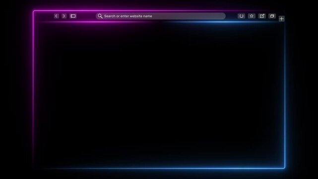 Empty browser window on transparent background. Empty web page mockup with toolbar and Motion graphics of glow neon side line