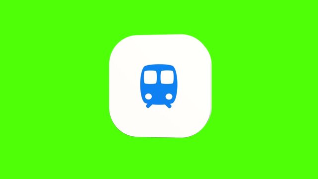 3D animated public metro subway train icon on a white rounded card with a green screen background. Smooth loop motion, perfect for mobile app UI, transit schedule, and video editing elements. 