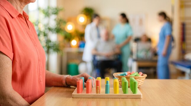 Senior woman participating in occupational therapy with a color sorting game. Stroke rehabilitation exercise developing coordination, concentration, and fine motor skills in a care facility.
