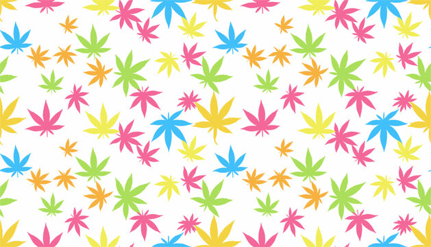 Seamless pattern of colorful marijuana cannabis leaves in blue, green, pink, and yellow over white background.