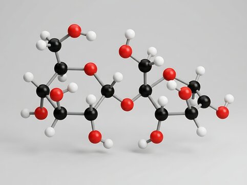 A detailed 3d scientific model of a sucrose molecule showing carbon oxygen and hydrogen atoms connected in a complex chemical structure arrangement