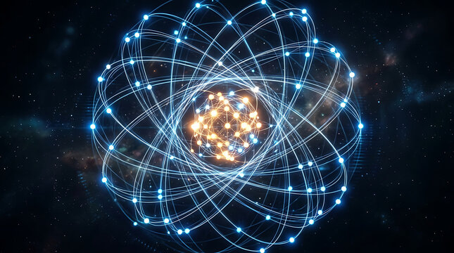 Abstract visualization of an atomic structure with orbiting electrons and a glowing nucleus