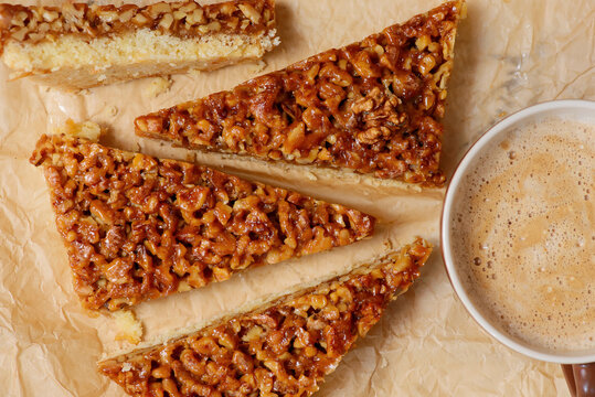 Caramelized walnut pie slices.selective focus.
