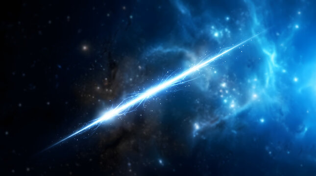 Bright electric blue energy beam shooting diagonally across a deep space nebula filled with glowing stars and dust.