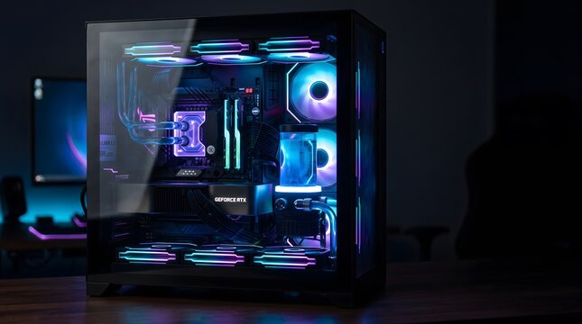 High-End Custom Gaming Computer with Vibrant Neon RGB Lighting