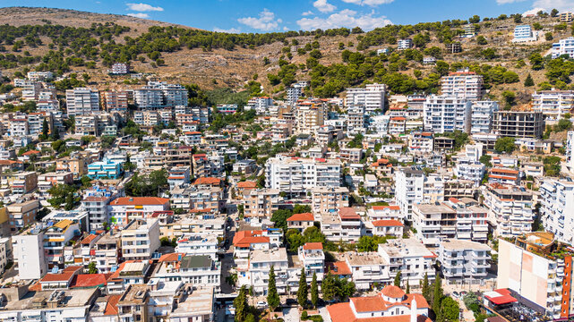 Aerial drone view of the coastline and bay of Saranda, Albania