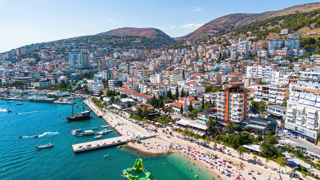 Aerial drone view of the coastline and bay of Saranda, Albania