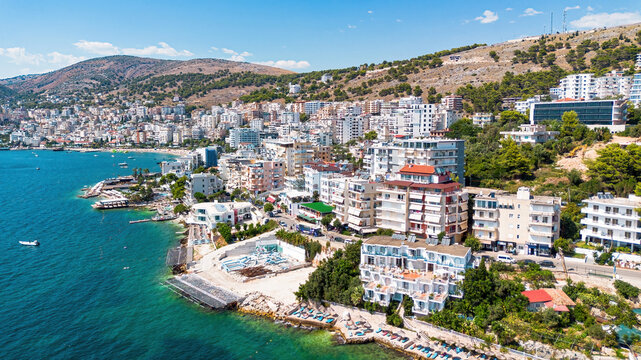 Aerial drone view of the coastline and bay of Saranda, Albania