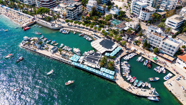 Aerial drone view of the coastline and bay of Saranda, Albania