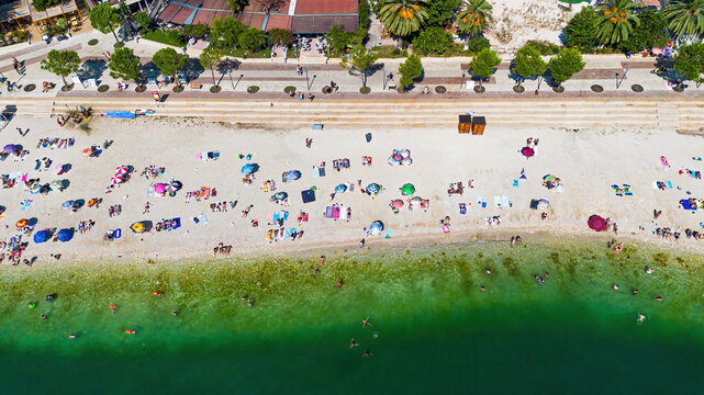 Aerial drone view of the coastline and bay of Saranda, Albania