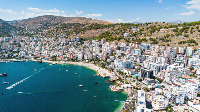 Aerial drone view of the coastline and bay of Saranda, Albania