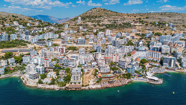 Aerial drone view of the coastline and bay of Saranda, Albania