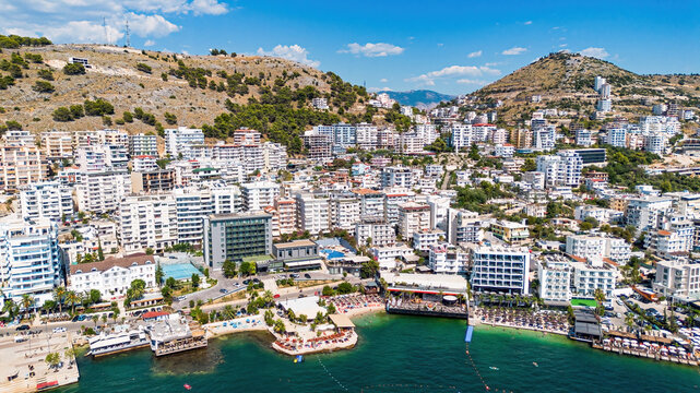 Aerial drone view of the coastline and bay of Saranda, Albania