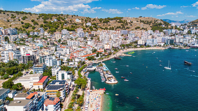 Aerial drone view of the coastline and bay of Saranda, Albania