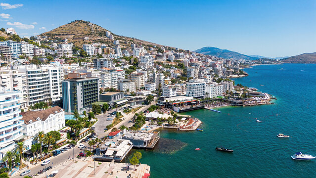 Aerial drone view of the coastline and bay of Saranda, Albania