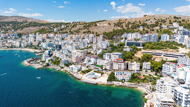 Aerial drone view of the coastline and bay of Saranda, Albania