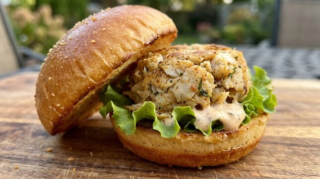 Fresh delicious burger with meat patty and lettuce on a wooden table. mini crab sliders