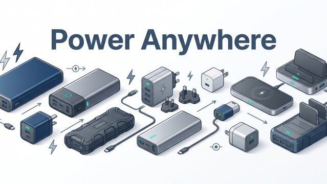 Isometric Portable Charger and Power Bank Vector Set. Concept of wireless charger, usb adapter, charging station.