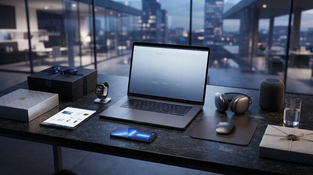 Modern laptop computer on a dark office desk with a city view at night in the background
