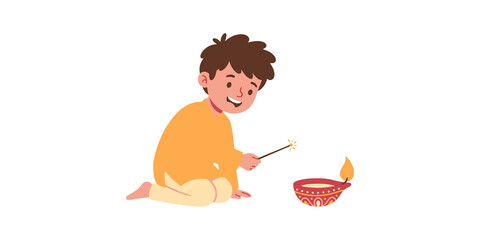 Child in traditional indian attire lighting diya with sparkler for diwali festival celebration. © Png World Collection