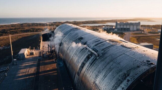 Rocket Stage Tank Venting Liquid Oxygen Pre Launch at Spaceport. Concept of launch pad, rocket fuel, space exploration.