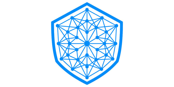 Blue intricate geometric network design within shield shape on transparent background for technology and security.