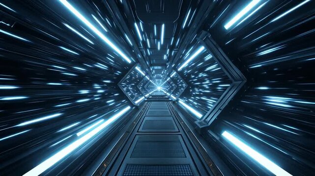 Bright Blue Light Burst Exploding Down a Digital Corridor