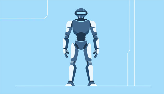 Futuristic humanoid robot character standing in front of high tech control room on blue backdrop.