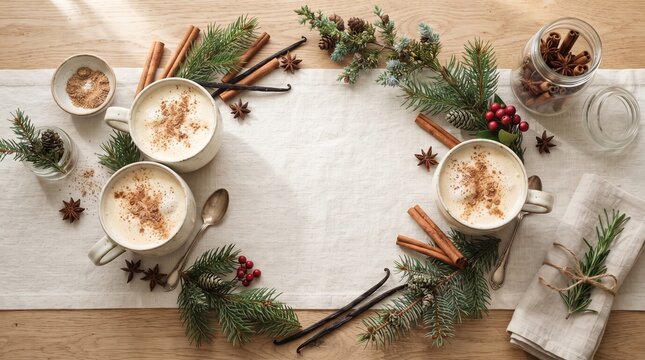 Festive eggnog mugs with winter spices and evergreen branches