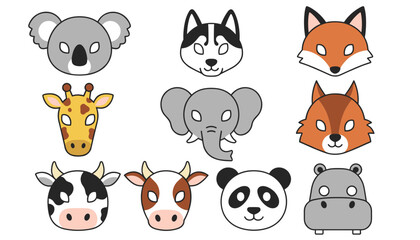 Fototapeta premium Adorable set of ten children's animal face masks including koala, husky, fox, giraffe, elephant, panda, and cow.