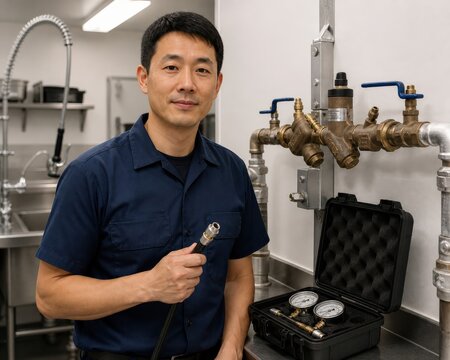 Backflow Prevention Testing Restaurant Facilities Worker Beside