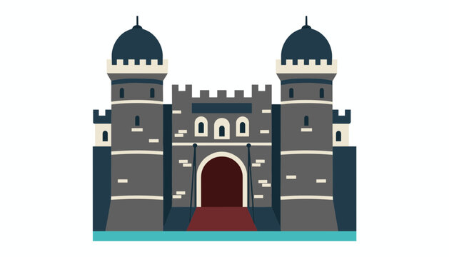 Medieval stone castle fortress with strong twin towers, drawbridge entrance, and protective water moat.