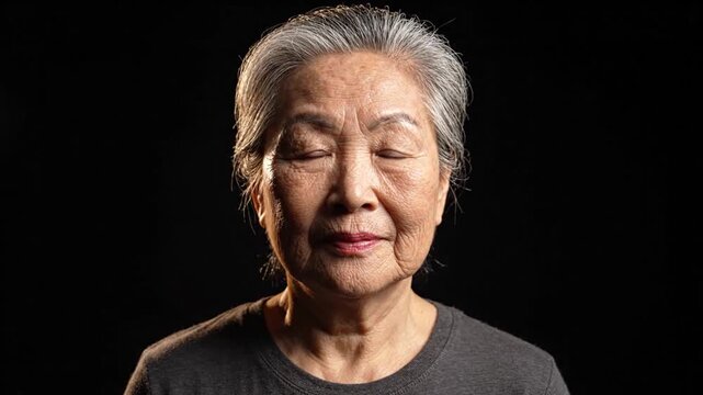 Portrait of Elderly East Asian Woman on Black Background