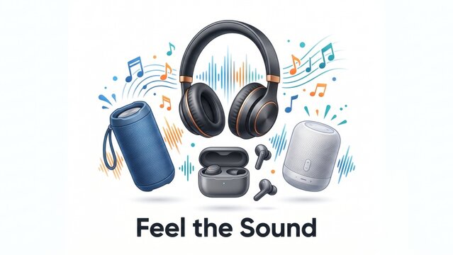Wireless Audio Devices Vector Illustration with Headphones Portable Speakers Earbuds and Music Notes. Concept of wireless speaker, bluetooth earbuds, audio equipment, music technology.