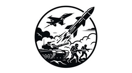 Obraz premium Military combat scene icon with tank and jet.