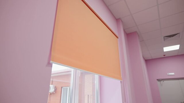 Office interior combines bright window lighting with clean pastel wall finishes. Cozy atmosphere creates comfortable space for indoor events