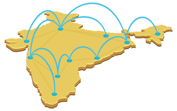 3D isometric map of India with glowing connection arcs representing domestic network, logistics routing, communication infrastructure, and transport (cut out)
